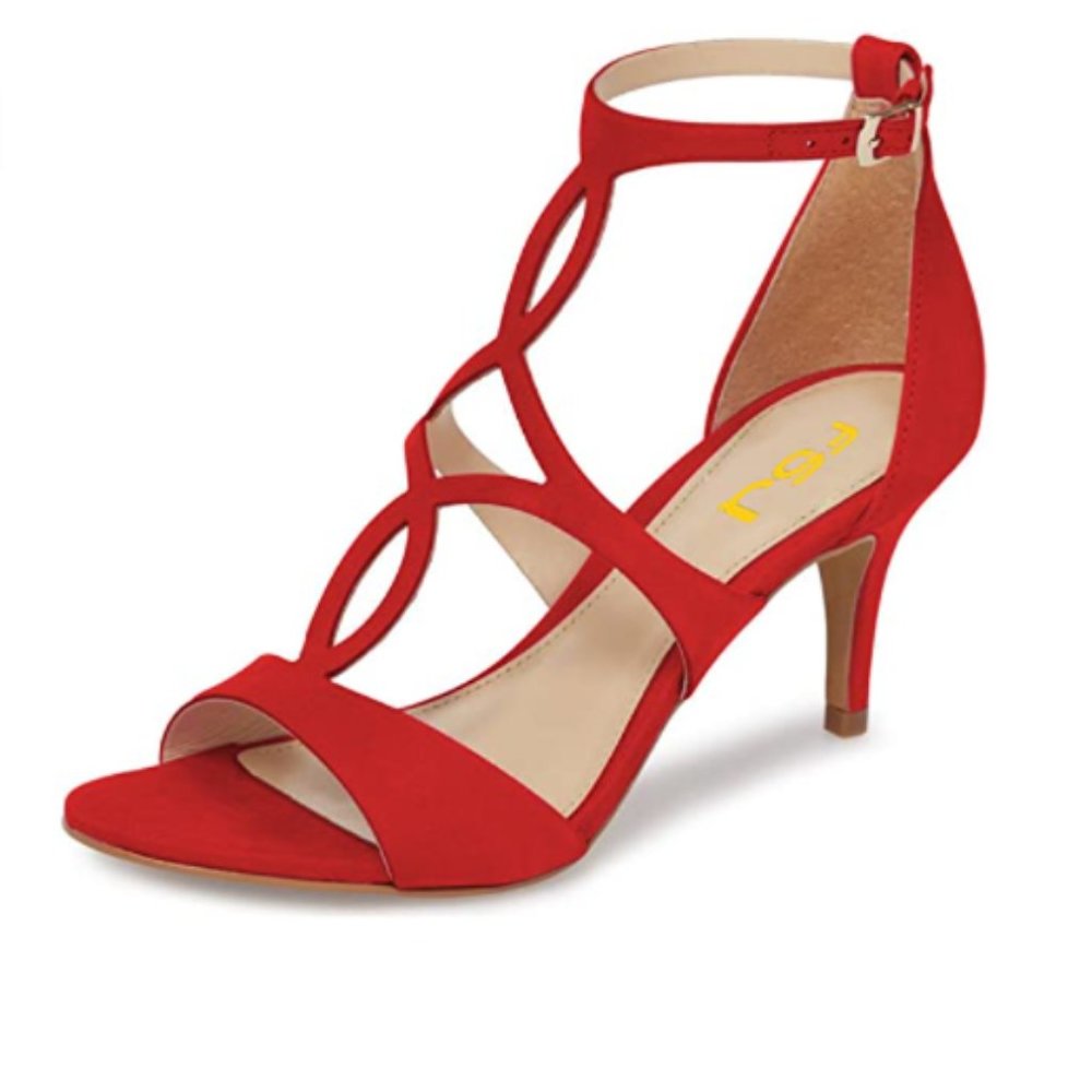 FSJ Red Ankle Strap Mid Heel Cutout Sandals